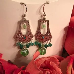 Long silver and green stones earrings